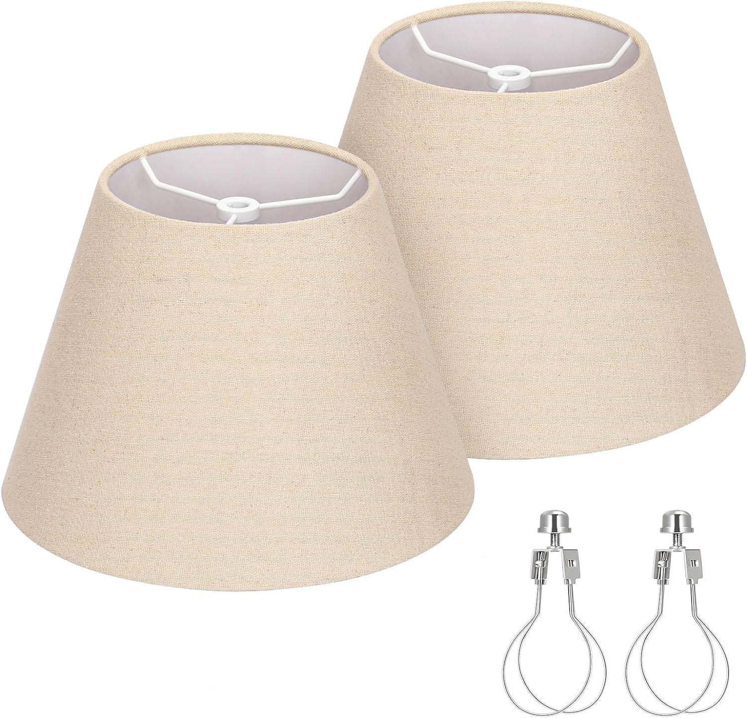 Small Lamp Shades for Table Lamp, Natural Linen Lamp Shades Set of 2, 5.5" Top x 10" Bottom x 6.6" High, Brown Burlap Lampshade Replacement, Spider, Bulb Clip Adapters Included