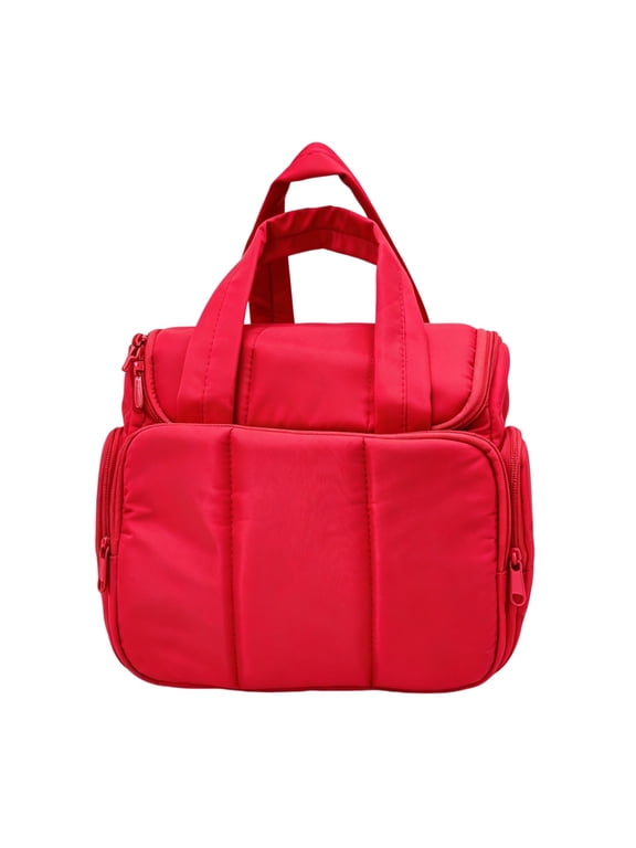 Puffy Water-Resistant Fabric, Roomy Makeup Bag Organizer Nylon Travel Backpack, Red