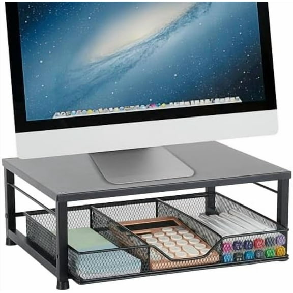 Small Laptop Stand for Desk, Monitor Stand Riser, Office Desk Accessories, Computer Desktop Stand with Drawer for Home, Office, School (Black)