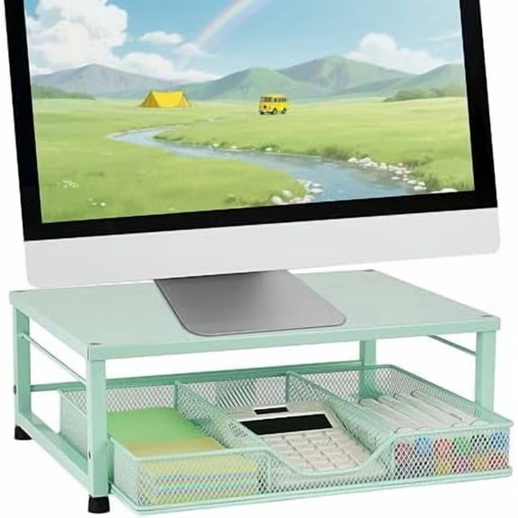 Small Laptop Stand for Desk, Monitor Stand Riser, Office Desk Accessories, Computer Desktop Stand with Drawer for Home, Office, School (Mint Green)