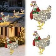 Small/Large Christmas Outdoor Decor, 50leds Light-Up 2D Metal Chicken with Red Mistletoe Scarf Animal Garden Stakes for Holiday Atmosphere Rooster Lawn Mini Decorations, MUTOCAR Rooster Art Ornaments