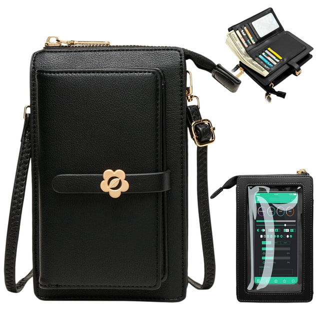 Small Leather Cell Phone Purse Bag, TSV Touch Screen Phone Bag, Lightweight Crossbody Cellphone Wallet for Women, Black