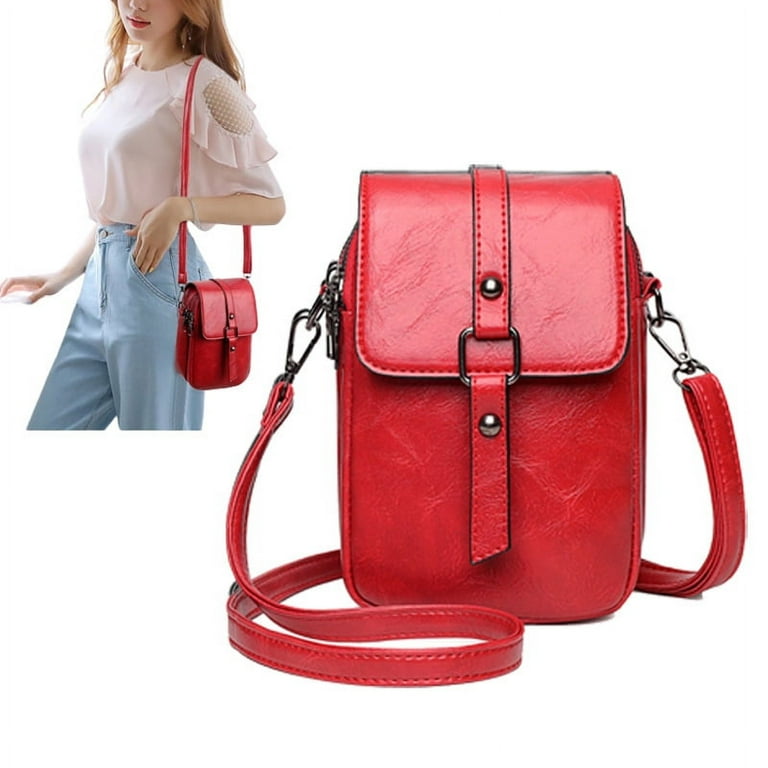 Small Leather Crossbody Purses for Women Multi Pocket Shoulder Bag Zipper Purse and Handbags Red