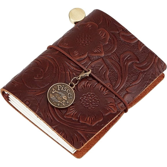 Small Leather Journal 3.3x3.1 Notebook Carving Floral Travel Vintage Daily Blank Paper Refillable 128 Pages Bound Portable Notepad for Man Women Gifts Artist Traveler Writing Coffee Brown DIY