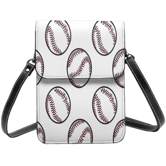 Small Leather Phone Purse For Women Soft Crossbody Bag With Adjustable Strap 6.5 Inch Magnetic Closure Baseball Theme Sporty Dynamic Style
