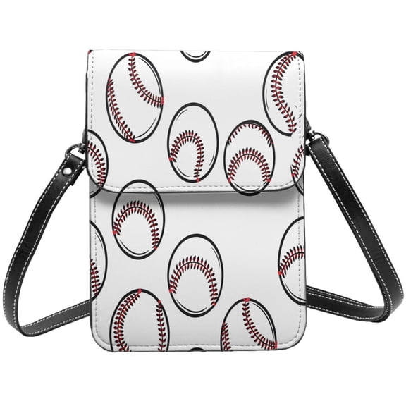 Small Leather Phone Purse For Women Soft Crossbody Bag With Adjustable Strap 6.5 Inch Magnetic Closure White Baseballs With Classic Red Stitching