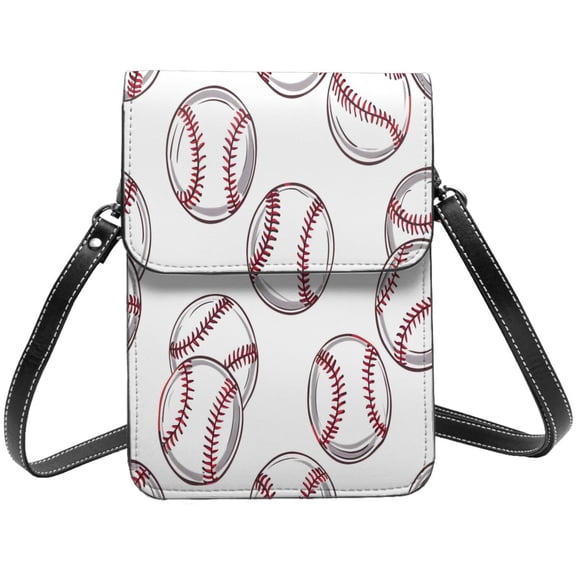 Small Leather Phone Purse For Women Soft Crossbody Bag With Adjustable Strap 6.5 Inch Magnetic Closure Baseball Theme Sporty Dynamic Style White Baseballs With Red Stitching
