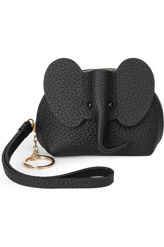 Small Leather Purse for Women Cute Elephant Change Purse for Girls Zipper Pouch Wallet with Key Chain and Wrist Strap (1-Black)