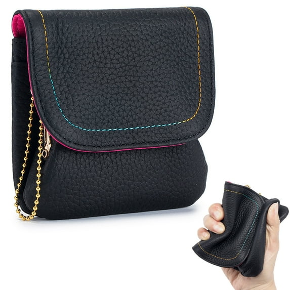 Small Leather Wallet for Women Pebbled Minimalist Purse for Men with Credit Card Holder and Coin Pocket Soft Genuine Leather, Black