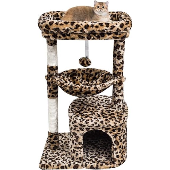 Leopard Print Cat Tree for Indoor Cats, Cat Tower with Scratching Post, Modern Cat House with Padded Perch, Condo with Cradle, Cat Cave