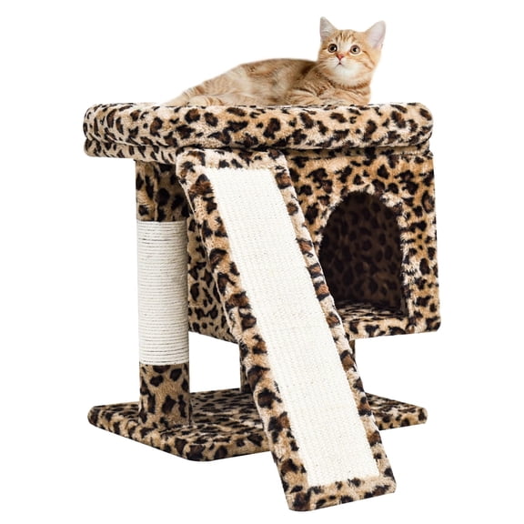 Small Leopard Print Cat Tree With Perch For Indoor Cats Tower Modern Activity House Large Condo Board Kittens Cave