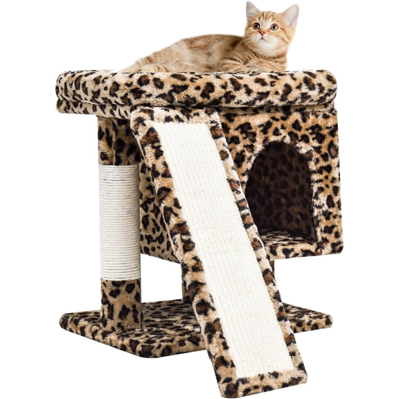 Small Leopard Print Cat Tree with Perch Scratching Post and Condo for Indoor Cats