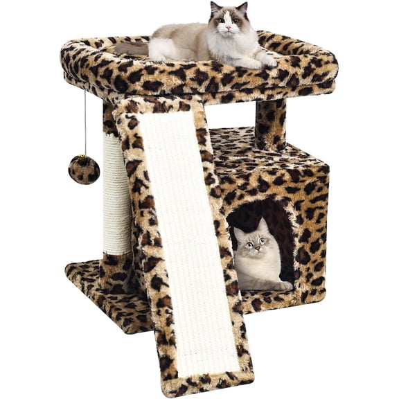 Small Leopard Print Cat Tree with Scratching Post Ramp Pad Condo Perch Bed Play House Hanging Ball and Resting Cave