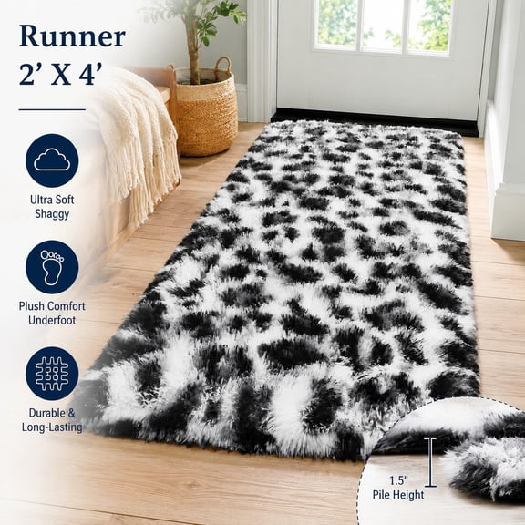 Small Leopard Print Rug for Bedroom, 2x4 Black and White Soft Runner Carpet