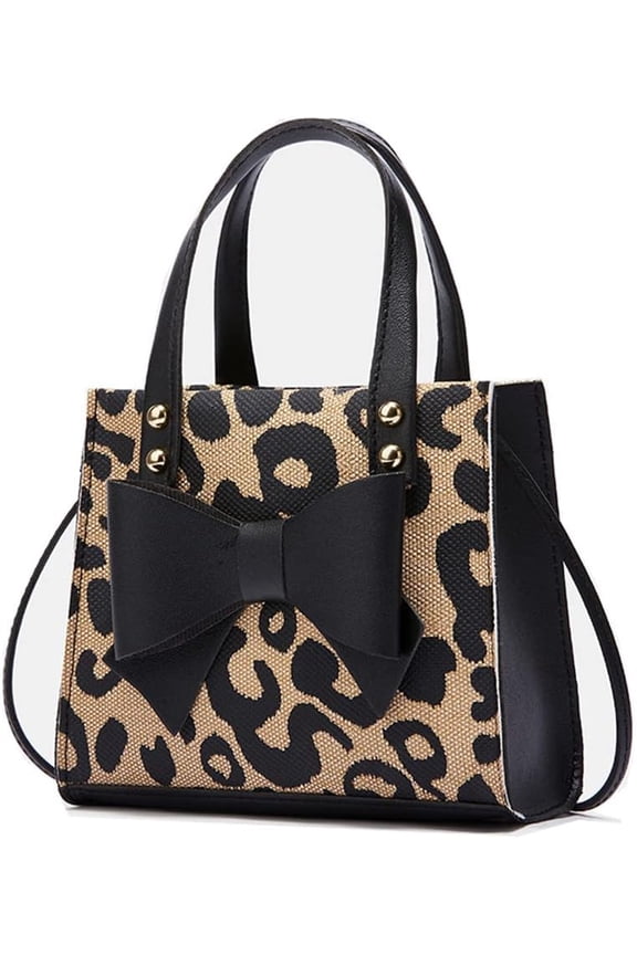 Small Leopard Print Tote Bag with Bowknot Pu Leather Shoulder Crossbody Handbag with Top-Handle Vintage
