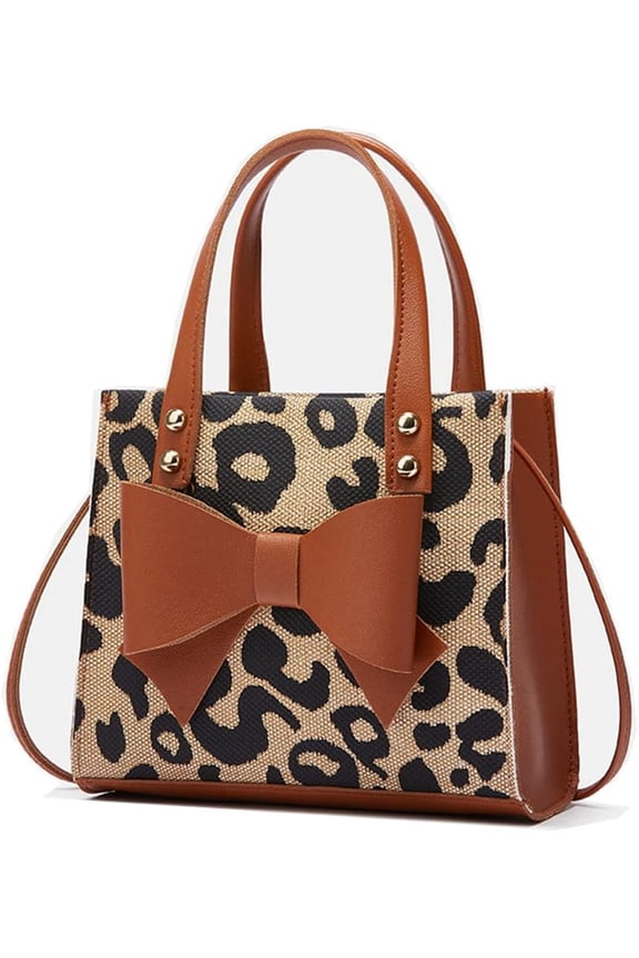 Small Leopard Print Tote Bag with Bowknot Pu Leather Shoulder Crossbody Handbag with Top-Handle Vintage