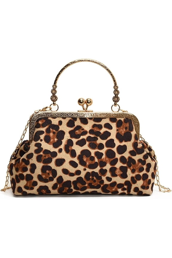 Small Leopard Suede Evening Clutch Purse with Chain Cheetah Print Kiss Lock Evening Tote Handbag and Purse Clutch Bag