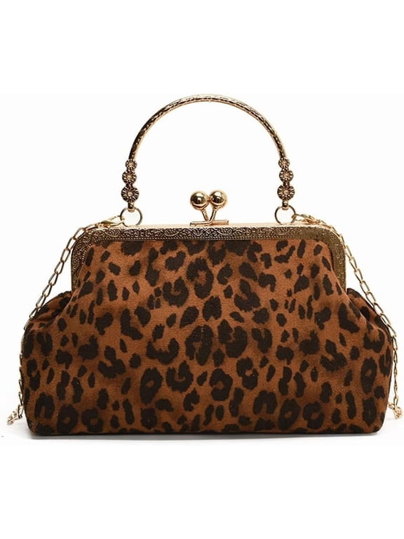 Small Leopard Suede Evening Clutch with Chain Printed Kiss Lock Evening Tote and Clutch Bag