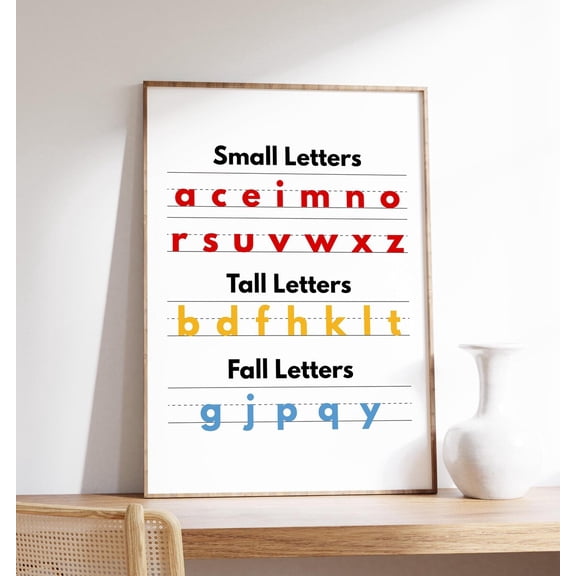 Small Letters Tall Letters Fall Letters Alphabet Chart Early Learning Education Wall Art, Unframed Paper Poster 8x10in