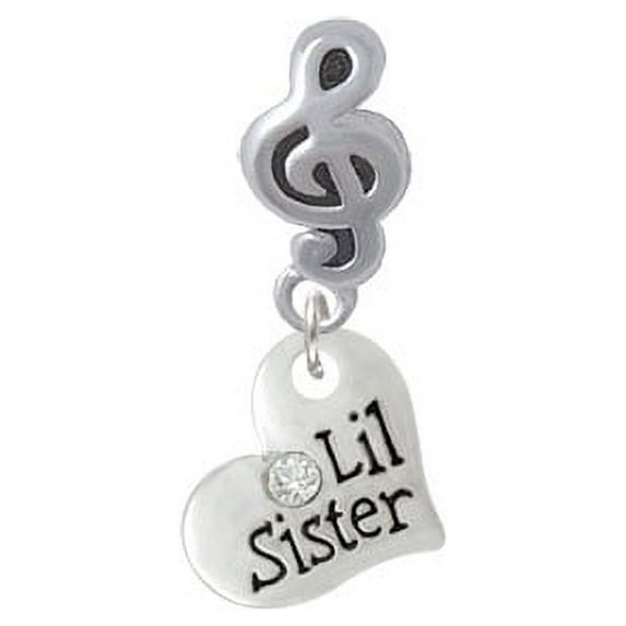 Small ''Lil Sister'' Heart with Clear Crystal - Clef Note Charm Bead