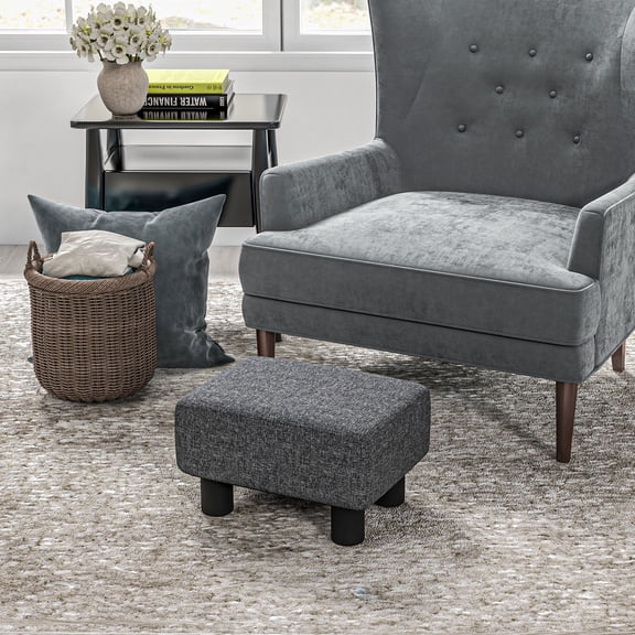 Small Linen Fabric Cube Ottoman Foot Rest, Foot Stool with Plastic Legs, Charcoal Gray