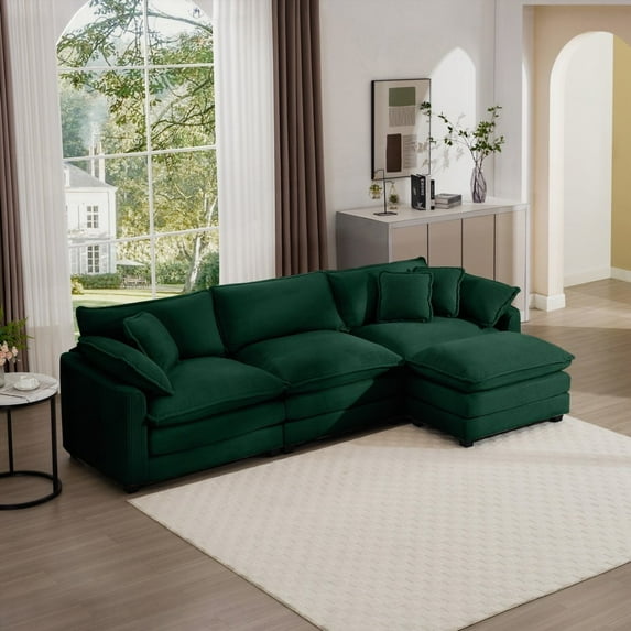 Green Corduroy 3-Seater Sofa with Footrest for Small Living Rooms