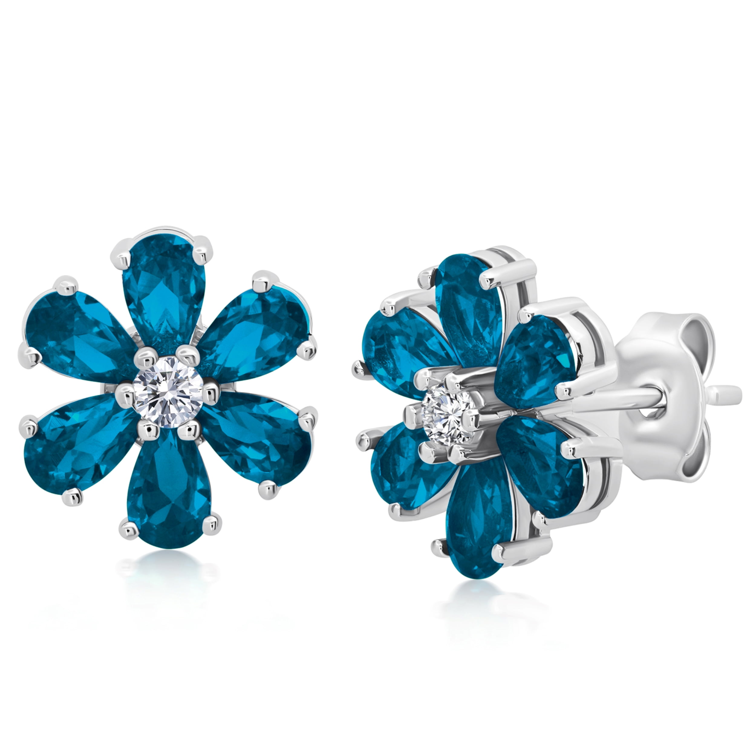 Belk & Co Created Blue Sapphire Flower Stud Earrings in 925 Sterling Silver, White