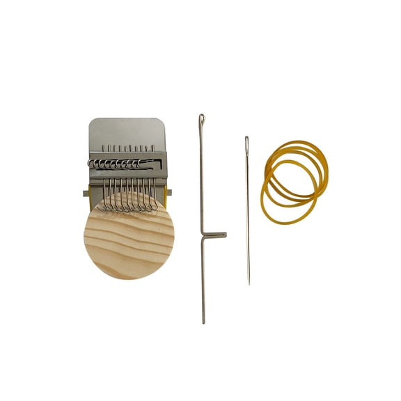 Small Loom Darning Tool with 10 Hooks for Artistic and Creative Repairs Made of Wood and Steel with Plastic Disc