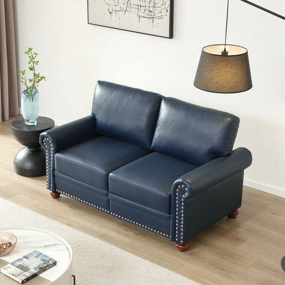 Small Loveseat Sofa with Storage Boxes, Faux Leather Mid Modern Century Love Seat Couches with Nails Decoration and Wood Legs for Living Room, Apartment, Navy Blue