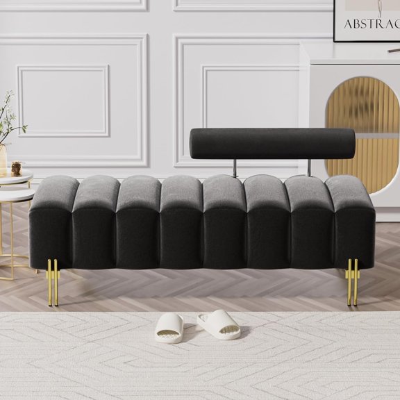 Small Loveseat Sofa Couch, 52.2" Upholstered Velvet Mini Couch with Golden Legs, Channel Tufted 2 Seat Sofa Bench Adjustable Back for Living Room Bedroom Office, Black