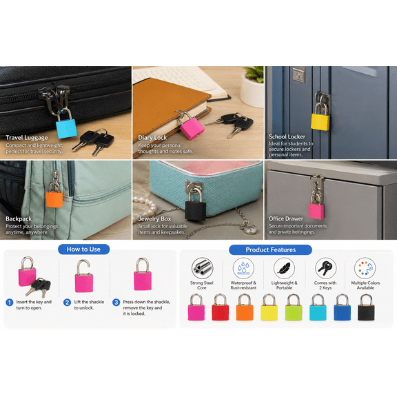 Small Luggage Locks with Keys – Mini Travel Padlock 30x23mm, Lightweight Metal Suitcase Lock with Plastic Coating, Includes 2 Keys for Backpack, Locker, Diary
