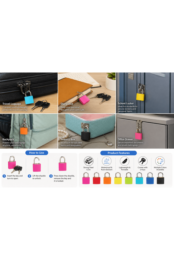 Small Luggage Locks with Keys – Mini Travel Padlock 30x23mm, Lightweight Metal Suitcase Lock with Plastic Coating, Includes 2 Keys for Backpack, Locker, Diary