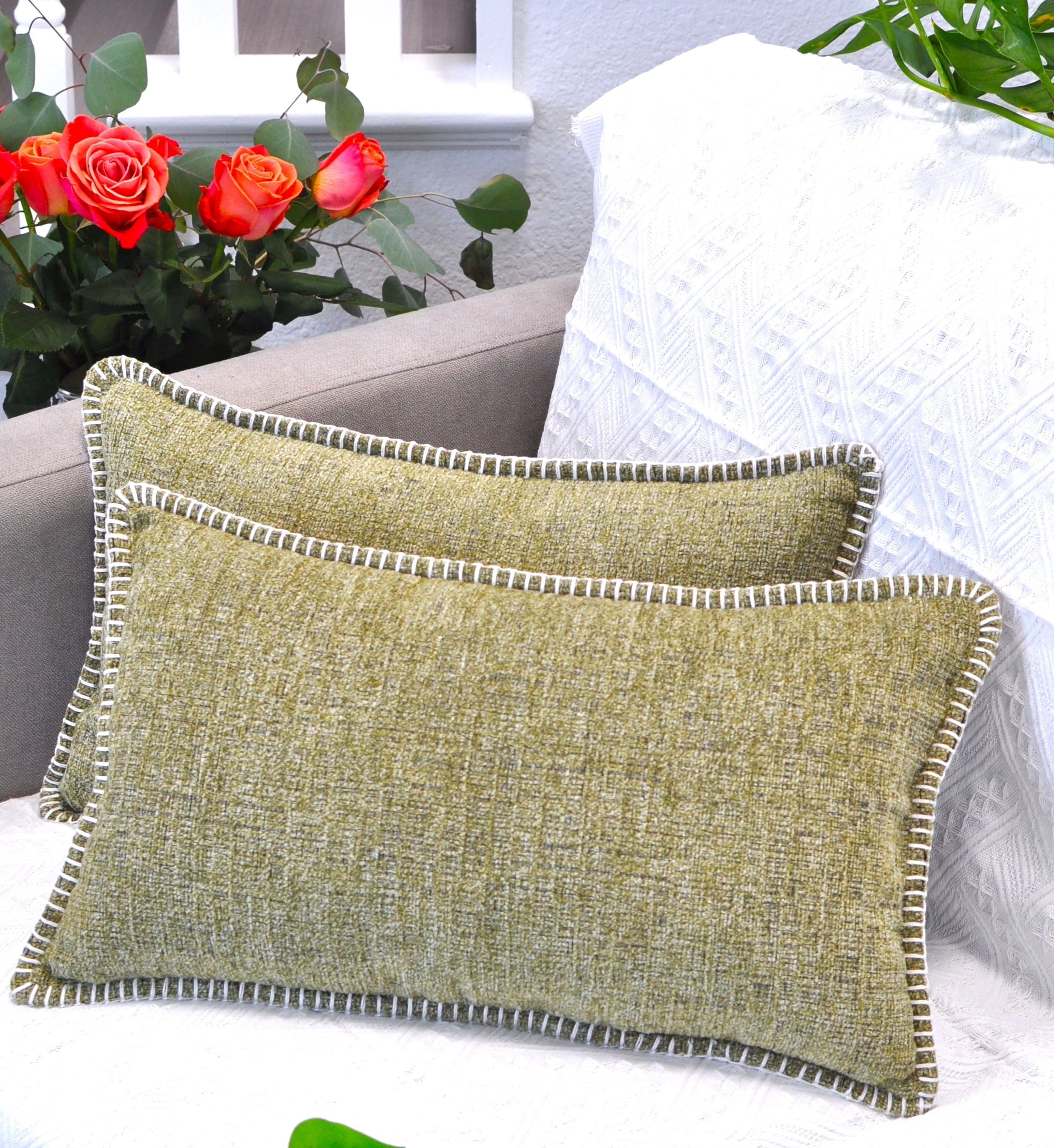 Olive Green Chenille Rectangular Lumbar Pillow Covers 12x20 Set of 2