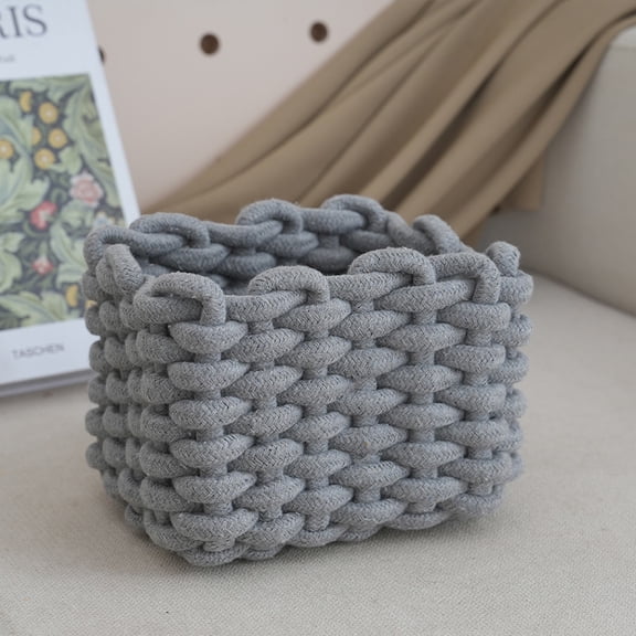 Small Macrame Woven Storage Baskets 1 Pack – Boho Cotton Rope Bins for Bathroom, Bedroom, Desk & Vanity Organizer – White & Khaki, 7x5.5x5 Inches