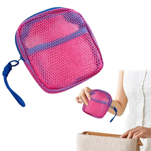 Small Makeup Bag, Mesh Cosmetic Pouch See Through with Detachable Hand Strap, Dopamine Color Partitioned Storage Organizer for Travel, Coin Purse & Cable Organizer, Hot Pink