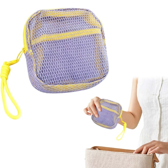 Small Makeup Bag, Mesh Cosmetic Pouch See Through with Detachable Hand Strap, Dopamine Color Partitioned Storage Organizer for Travel, Coin Purse & Cable Organizer, Purple