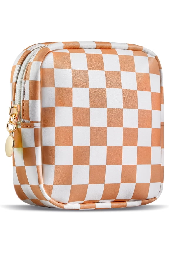 Small Makeup Bag for Purse, Mini Checkered Makeup Bags for Women, Little Cute  Make Up Pouch with Zipper, Leather Travel Toiletry Organizer for Teen Girls (Brown)