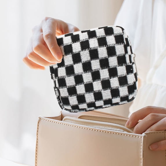 Small Makeup Bag for Purse Knit Checkerboard Coin Purse, Large Capacity Portable Organizer, Small Cosmetic Bag for Purse