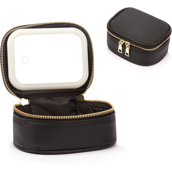 Small Makeup Bag with LED Mirror, Mini Bag for Purse,3 Adjustable Brightness,PU Material,USB ,5.9 x 4.5 x 2.8 inch,Cute Preppy Black