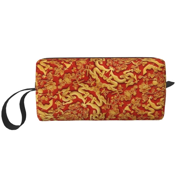 Small Makeup Brush Cosmetic Bag Fragment Of Red Chinese Silk Travel Water-Resistant Make Up Toiletry Organizer Case Pouch