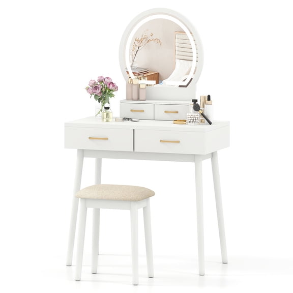 Small Makeup Dressing Table Vanity Set with Round 3‑Color Dimmable LED Lighted Mirror, 4 Storage Drawers, Solid Wood Legs and Cushioned Stool for Compact Bedroom,White