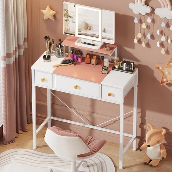 Small Makeup Vanity Desk 27.5''W with Mirror and Lights, Vanity Desk with 3 Fabric Drawers and Height-Adjustable Stand, Vanity Table for Girls Gifts, Bedroom and Small Spaces, White