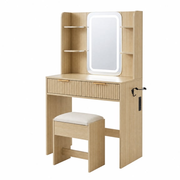 Small Makeup Vanity Desk with LED Lighted Mirror & Stool - Built-In Charging Station (Power Outlet) - 2 Fluted Drawers & Jewelry Storage, Compact Dressing Table for Bedroom - Natural Wood Color