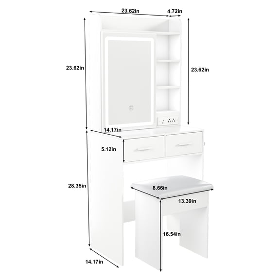 Small Makeup Vanity Desk with Mirror & Adjustable LED Lights,Built-in Power Outlet & Hidden Storage, Includes padded stool & Shelf,Space-Saving Dressing Table for Small Bedrooms,White RR