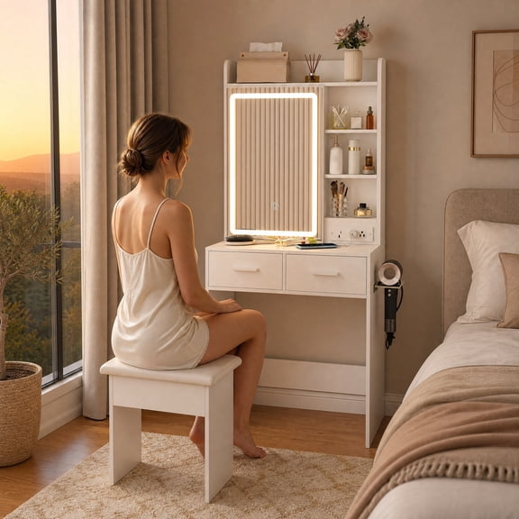 Small Makeup Vanity Desk with Mirror & LED Lights, Space Saving Dressing Table with Power Outlet Hidden Storage & Padded Stool for Bedroom White 23.62 x 14.17 x 53.74 in