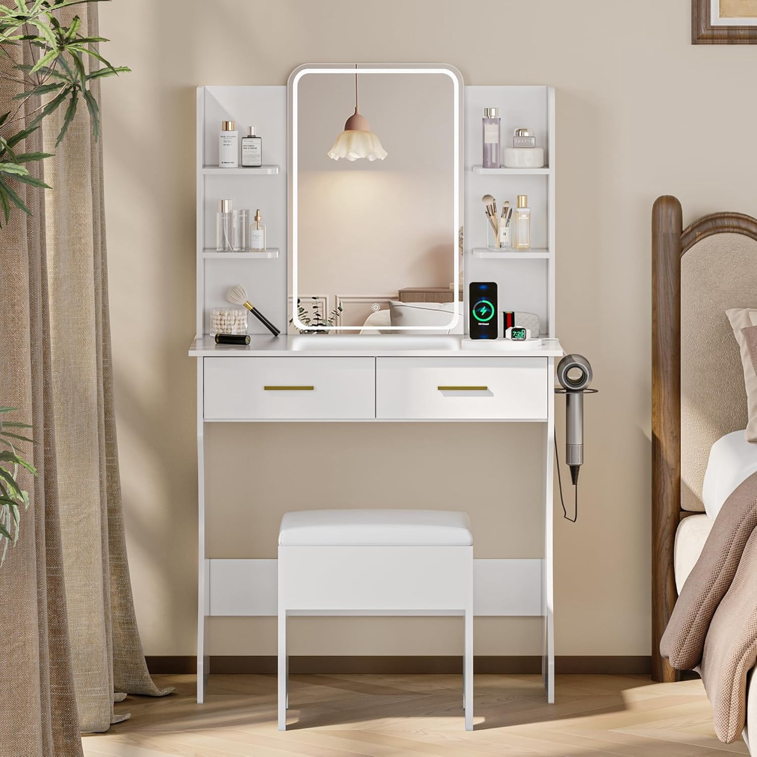 Small Makeup Vanity Desk with Mirror & LED Lights, White Vanity Table ...