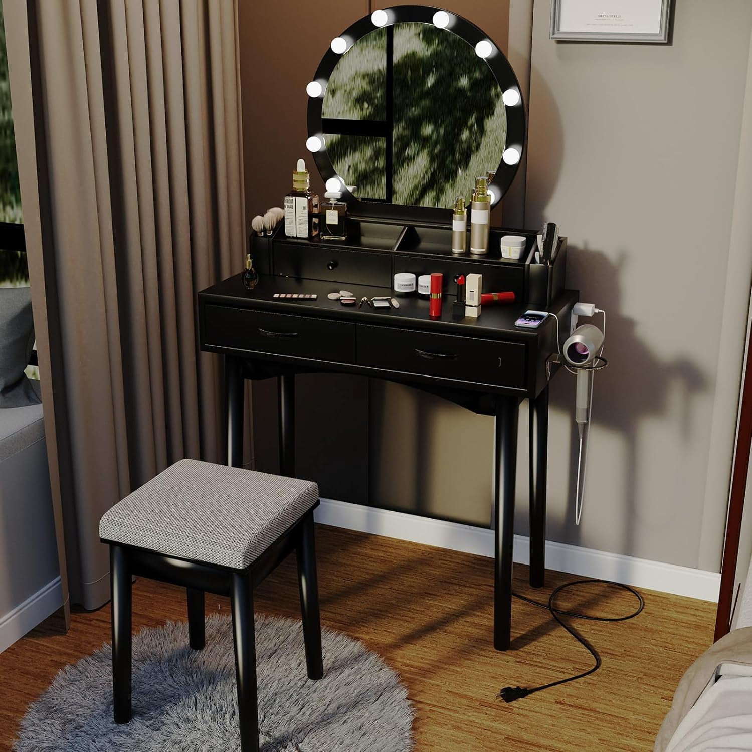 Small Makeup Vanity Desk with Mirror and Lights, Dressing Table with ...