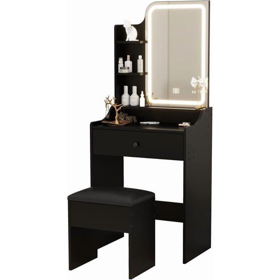 Small Makeup Vanity Desk with Mirror and Lights, Dressing Table with Fold-up Panel 1 Drawers 3 Shelves Vanity Table Set with Storage Cushioned Stool for Bedroom Dressing Room (Black)