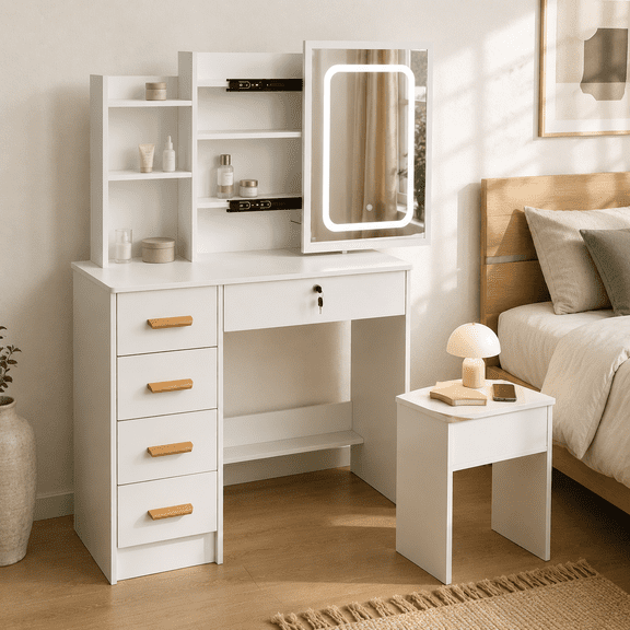 Small Makeup Vanity Desk, Mirror and LED Lights, Storage Chair Set, Dressing Table with LED Mirror Lights, Shelves, Drawer, White