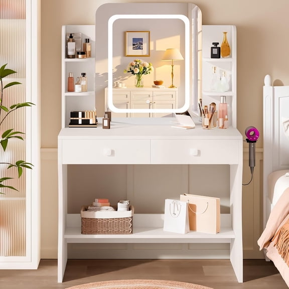 Small Makeup Vanity Desk with Smart LED Mirror & Power Outlet, 29.5" White Vanity Table with Hairdryer Rack, 5 Storage Shelves & 2 Drawers, Compact Dressing Table for Small Spaces
